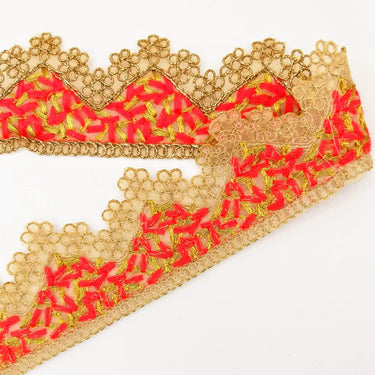 Gold Sheer Tissue Fabric Cutwork Trim with Embroidery in Gold and Orange, Scallop Trim, Fringe Trim